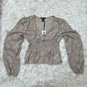 Sincerely Jules Smocked Blouse Womens Small Beige Tan Floral Sheer Crop Top Boho